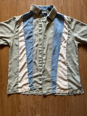 Nat Nast Vertical Panel Button-Down Shirt in Sage, Blue & Cream 100% silk
